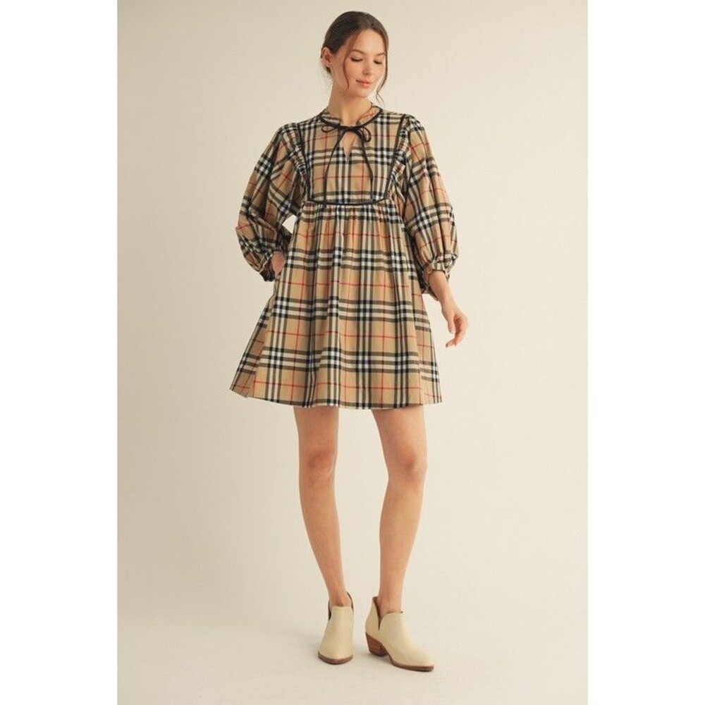 Jodifl Tie Neck Detail Plaid Babydoll Dress - Picture 3 of 4